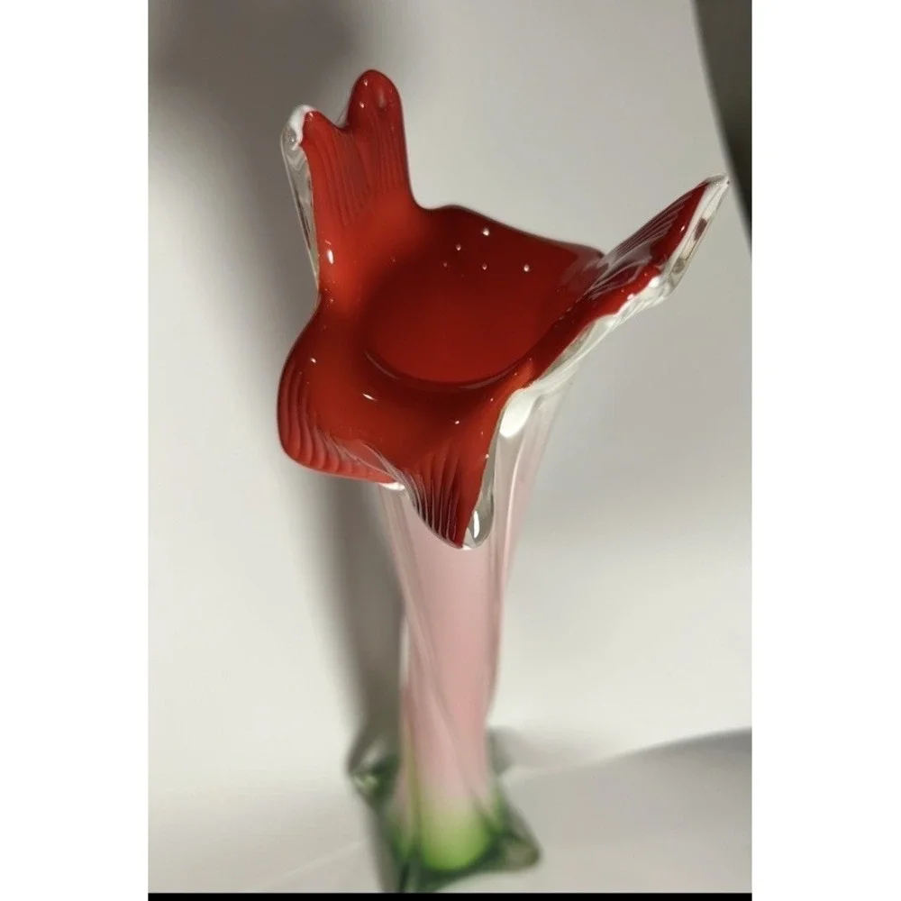 Vintage Jack in the Pulpit Red, Green Floral Hand Blown Bud Vase, Murano Style